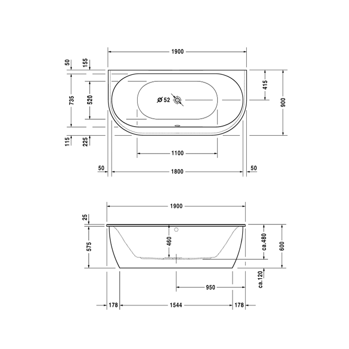 Duravit Darling New  Ванна 190х90см, акриловая, пристенный вариант, с панелью и ножками,с 2 наклонами для спины, цвет: белый