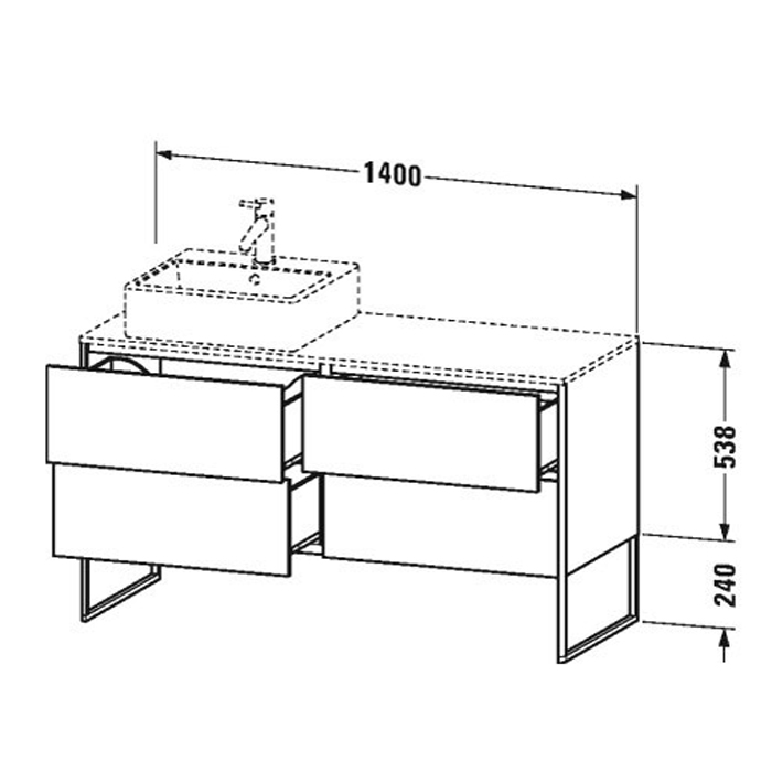 Duravit XSquare База на ножках  на 1 раковину слева L  140х57.8х40см, с 4 выдв ящик, цвет: фланелево серый матовый с консолью напольная, цвет орех и накладной раковиной