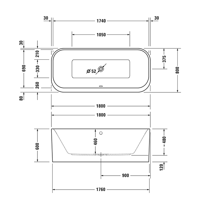 Duravit Happy D.2 Plus Ванна 180х80х48см, отдельностоящая, 2 наклона для спины, цвет: белый