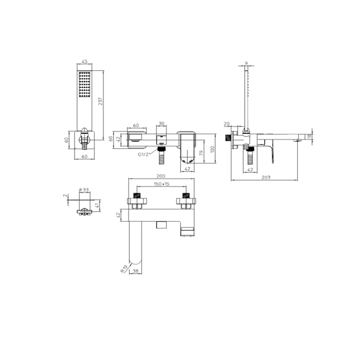 Bossini Gillo Комплект наружный для ванной GILLO, лейка Flat-one, Душевой держатель фиксированный из латуни, шланг из латуни 125 см.., цвет: хром