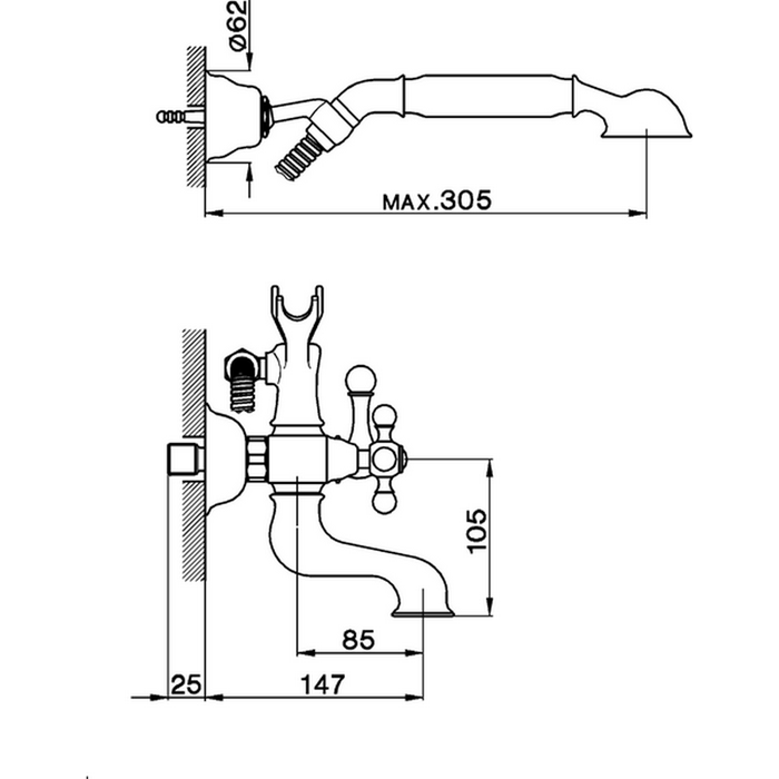 CISAL Arcana Смеситель настенный для ванны/душа с ручной лейкой,держателем и шлангом, цвет: бронза