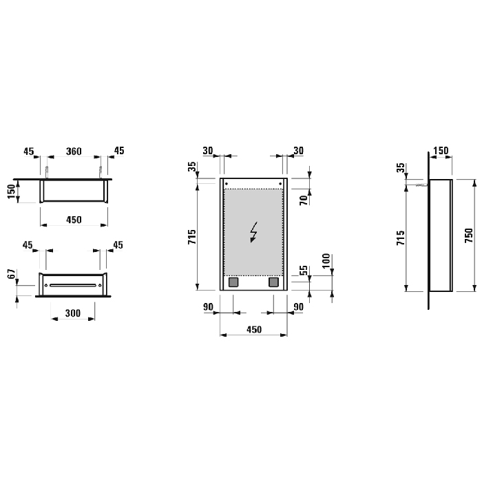 Laufen Frame 25 Зеркальный шкаф 45x15x75см., алюминий, 1 дверца с зеркалом с 2х сторон, DX, сенс. выкл., 2 розетки, 2 верт-х эл-та LED-подсветки (регул-ая яркость), с окружающим освещением (внизу), цвет: белый 