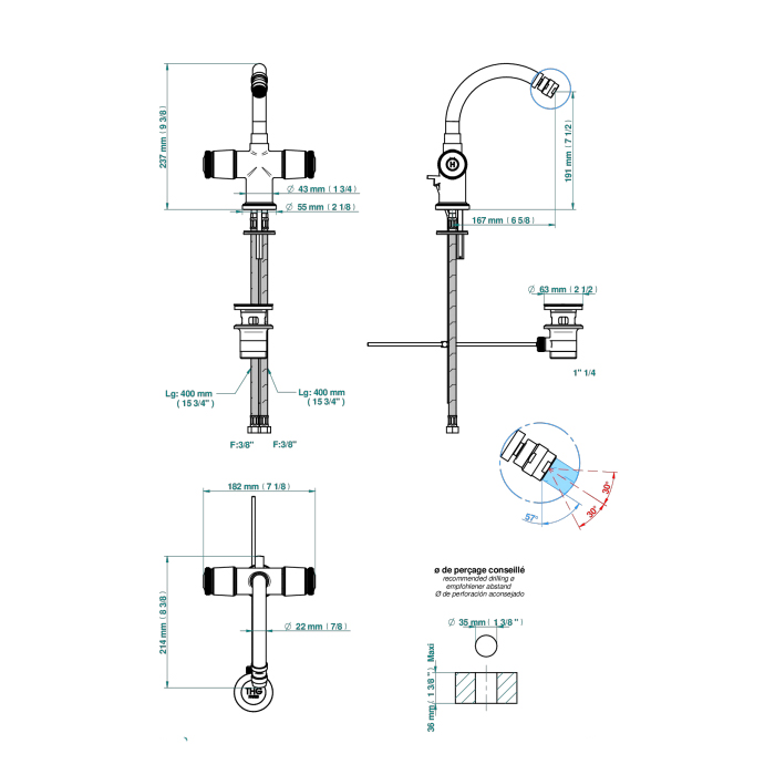 THG CORVAIR Смеситель для биде на 1 отверстие, 2-х вентильный, с донным клапаном, цвет: полированное золото