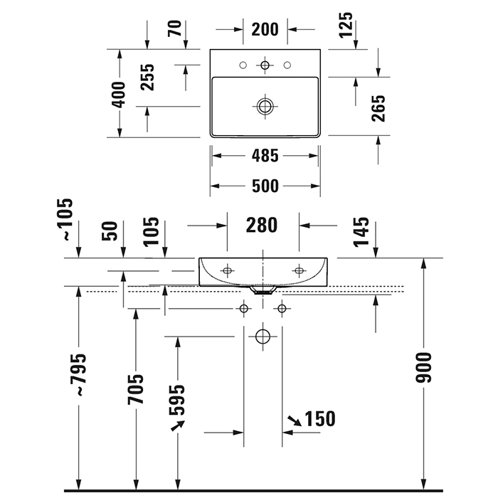 Duravit DuraSquare Раковина накладная 50х40см, без перелива, 1 отв., WonderGliss, цвет: белый