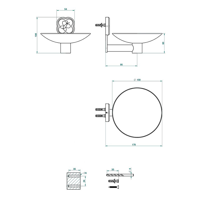 THG CAPUCINE VERT DECOR PLATINE Мыльница подвесная ø150 мм., декор зеленый, цвет: хром