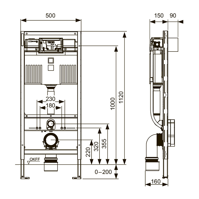 TECEprofil Модуль для монтажа унитазов 112см., со смывным бачком Uni 2.0, для универсального подключения к унитазу