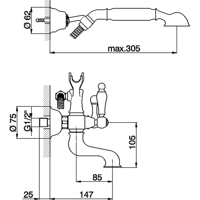 CISAL Arcana Toscana Смеситель настенный для ванны/душа с ручной лейкой,держателем и шлангом, цвет: хром 