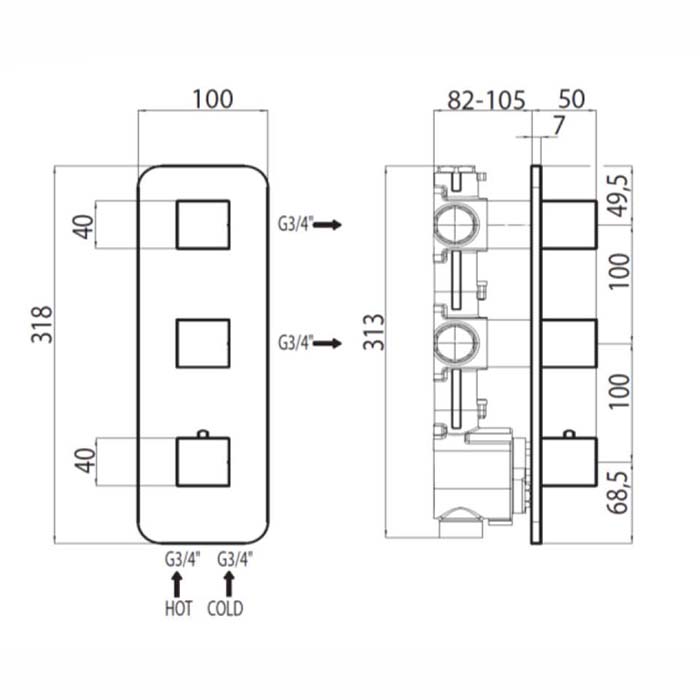 Bossini Rectangular Термостат для душа, встраиваемый, с девиаторм/запорным вентилем на 2 - 4 выхода, уст-ка верт/гор., цвет: хром