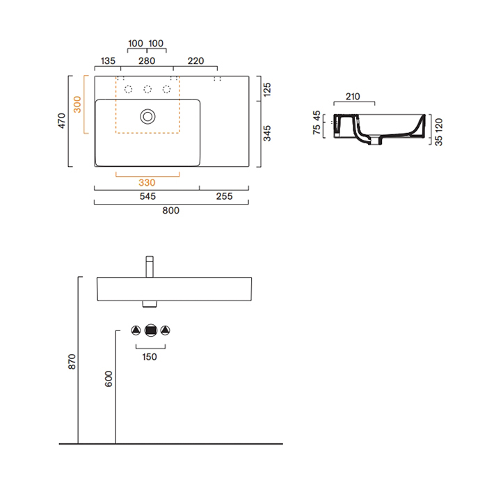 Catalano Premium Раковина 80x47см чаша слева, без отв., цвет: белый глянцевый