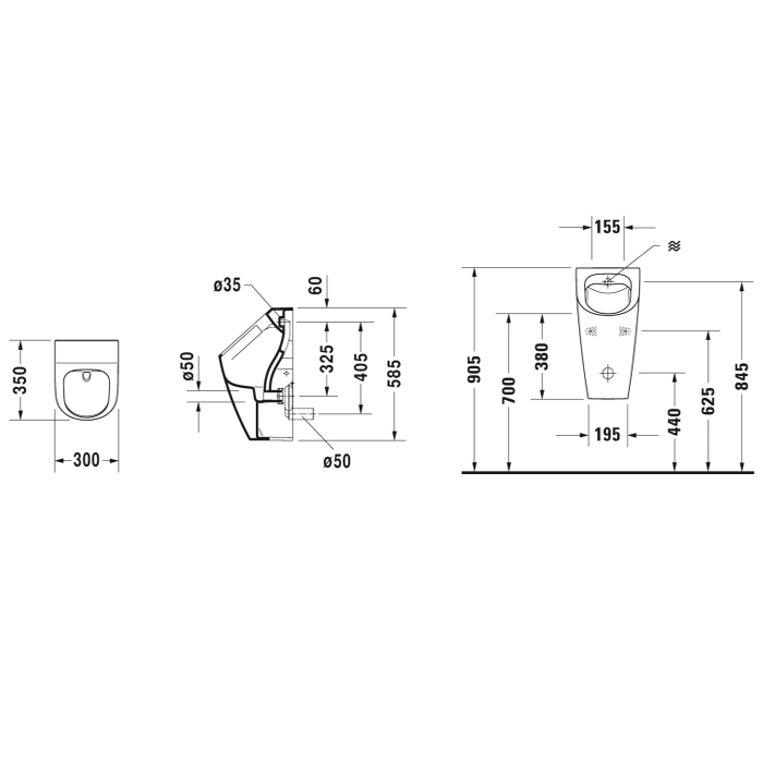 Duravit ME by Starck Писсуар подвесной, Rimless 0,5л., без смывного края, подача воды сзади, с вытяжкой, сток горизонтальный, включая крепление, модель без „мушки", цвет: белый