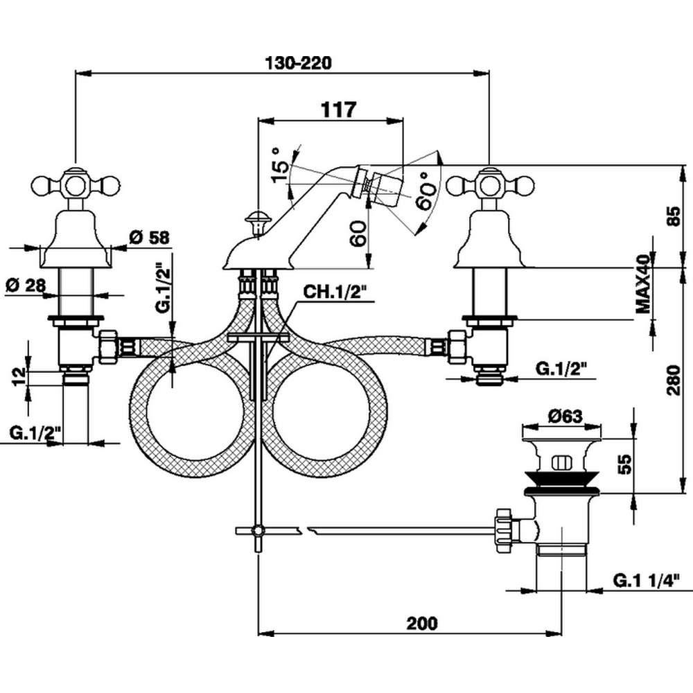 CISAL Arcana Ceramic Смеситель для биде на 3 отверстия с донным клапаном, цвет: хром