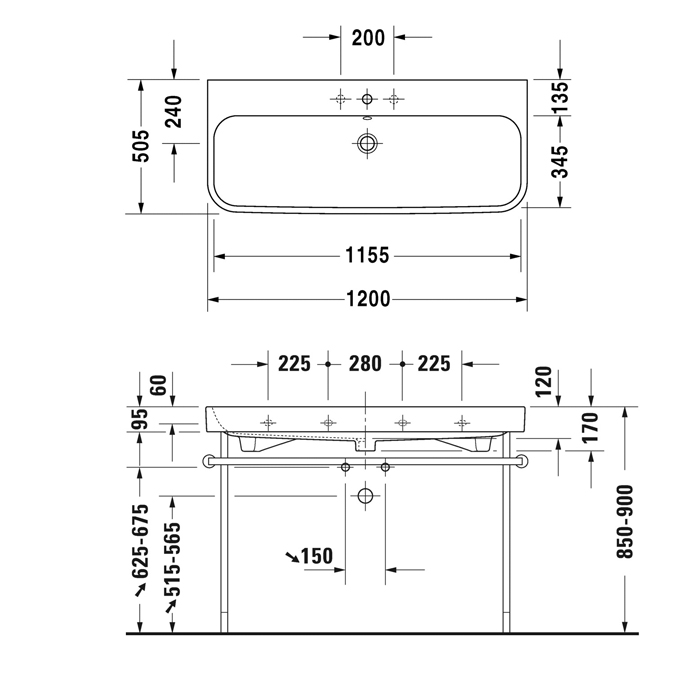 Duravit Happy D.2 Раковина 120x50.5 см, без отв., с переливом,  шлифованная, цвет: белый