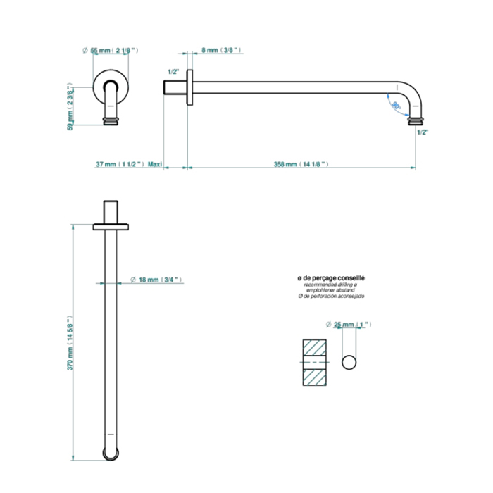 THG Collection O Держатель верхнего душа 35.8см., настенный, цвет: Soft matt gold
