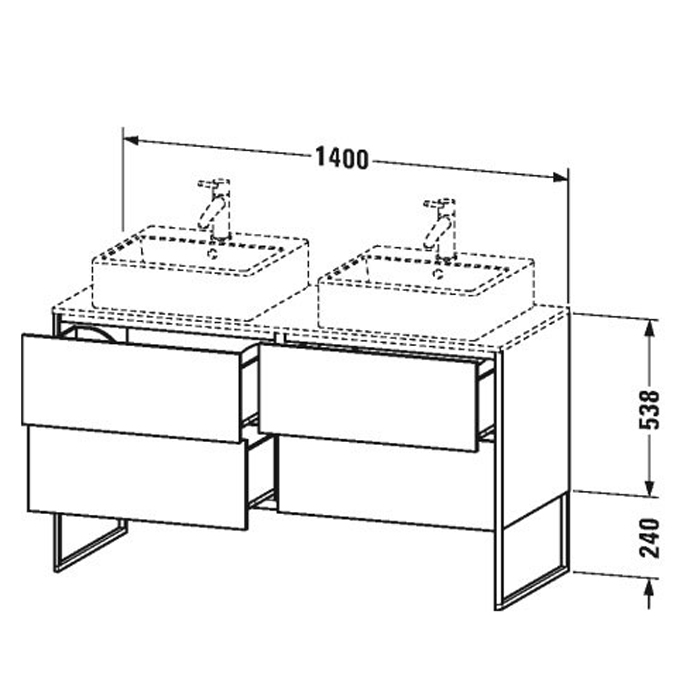 Duravit XSquare База на ножках  на 2 раковины  140х57.8х40см, с 4 выдв ящик, Цвет Темно-лиловый шелковисто-матовый с консолью, напольная, цвет: орех