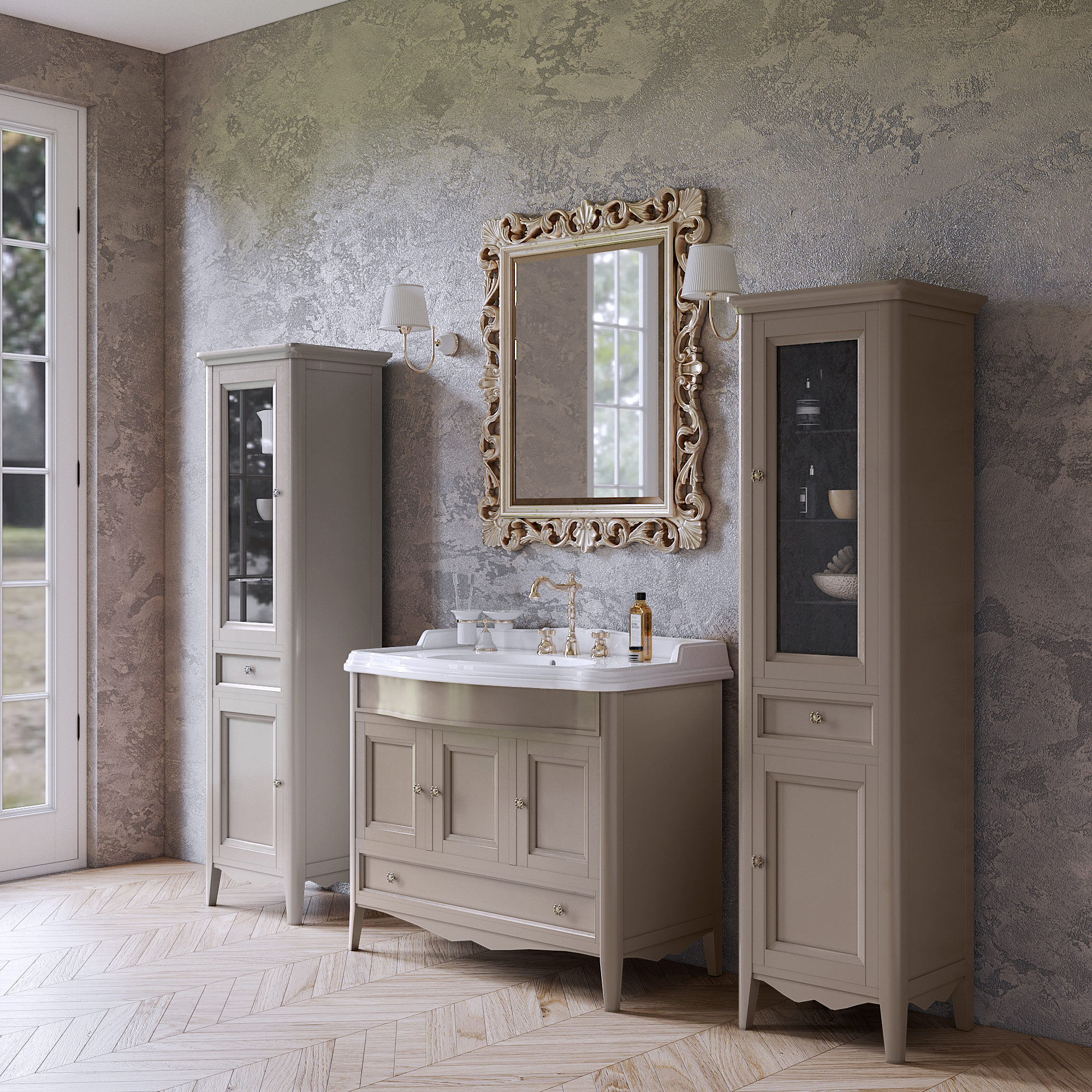 TW Veronica, База с раковиной Simas AR874bi*1 105x56см, с 1отв., 3 расп. дв. и 1ящик, доводч. Blum, ручки: Riflesso бронза, напольная, цвет: TORTORA