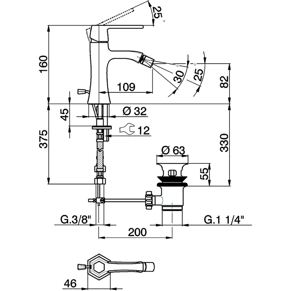 CISAL Cherie Смеситель однорычажный для биде на 1 отверстие с донным клапаном, цвет: хром/черный матовый