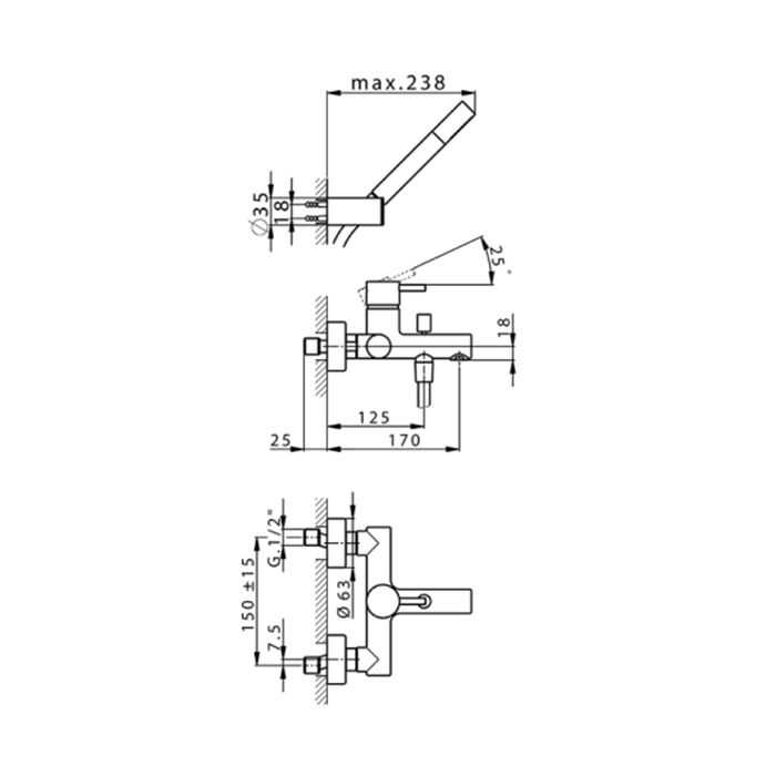 Cisal Slim Смеситель для ванны, настенный, с ручным душем, цвет:  хром