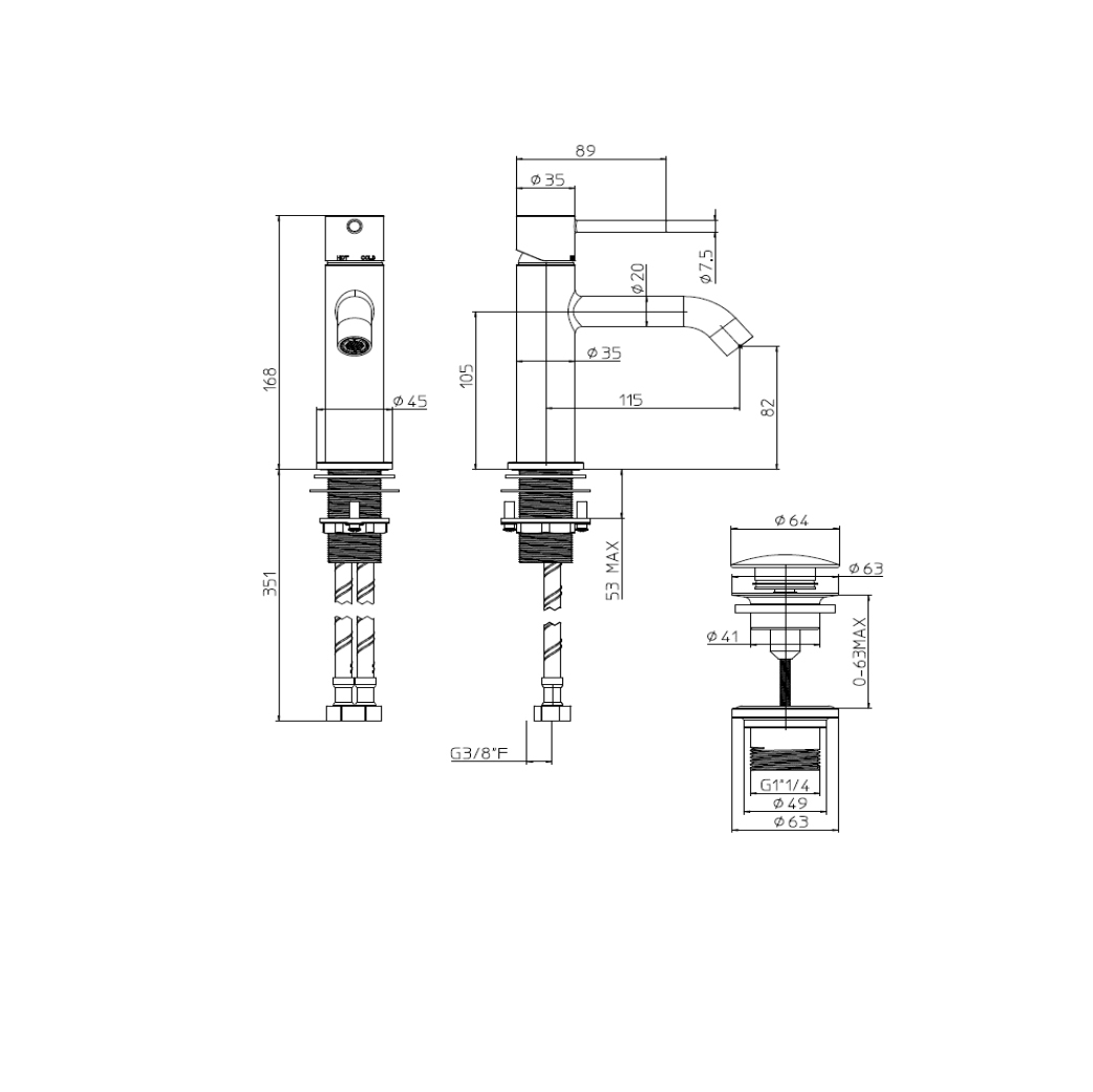 Bossini Teo M Смеситель для раковины с донным клапаном, гибкая подводка. стали, цвет: Oro satinato