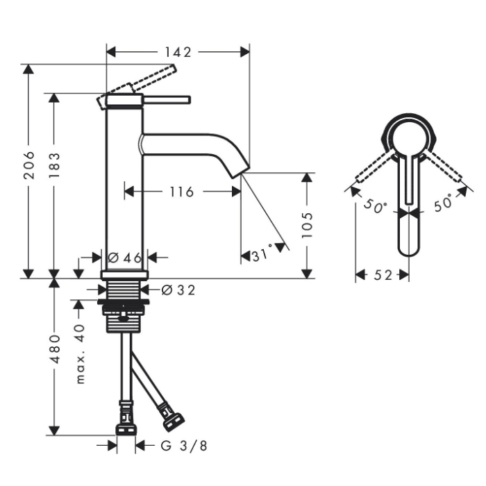 Hansgrohe Tecturis S Смеситель для раковины, 1 отв., без донного клапана, цвет: хром