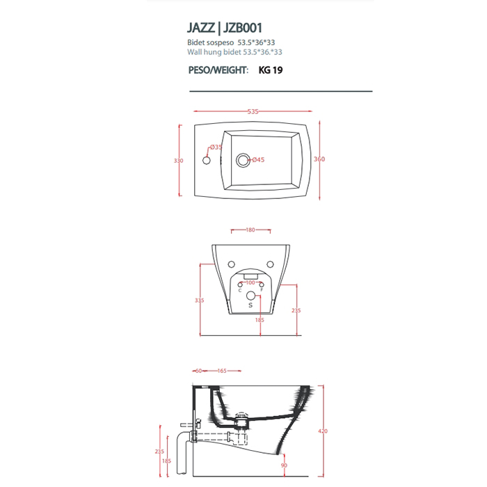 Artceram JAZZ Биде подвесное 54x36см c креплением, с 1 отв под смеситель., цвет: белый матовый