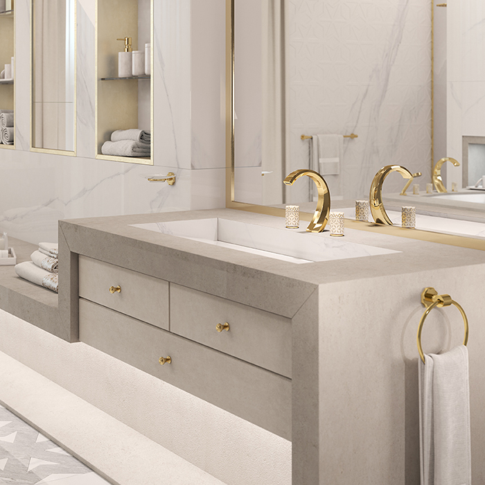 THG Nihal Porcelaine Ivoire Смеситель для раковины на 3 отверстия, с донным клапаном, цвет: Soft gold