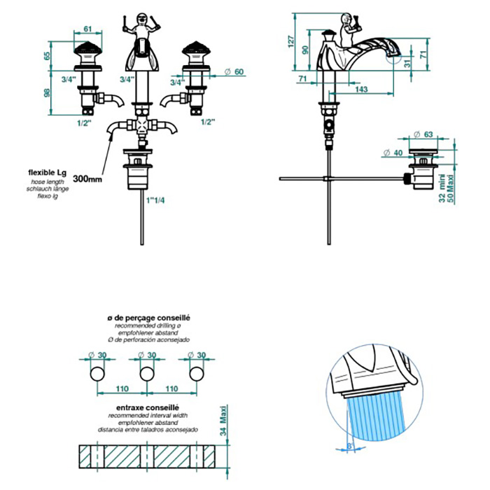 THG Amour De Trianon Смеситель для раковины на 3 отверстия, с донным клапаном, цвет: полированное золото