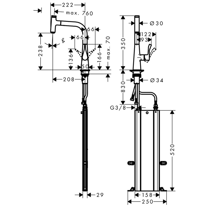 Hansgrohe Metris Select M71 Смеситель для кухни, на 1 отв, поворотный излив 22.2см с вытяжным душем, 1jet, h23.8см, sBox, кнопка вкл/выкл, цвет: нержавейка