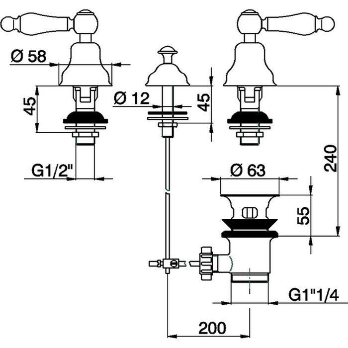 CISAL Arcana Toscana Смеситель для биде на 3 отверстия без излива, с донным клапаном, цвет: хром/белый
