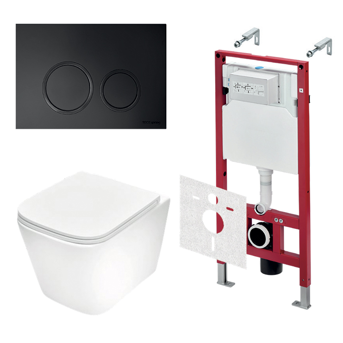 TECEspring Base Комплект: унитаз модель S, инсталяция, панель смыва R с круглыми кнопками, цвет: белый / черный матовый
