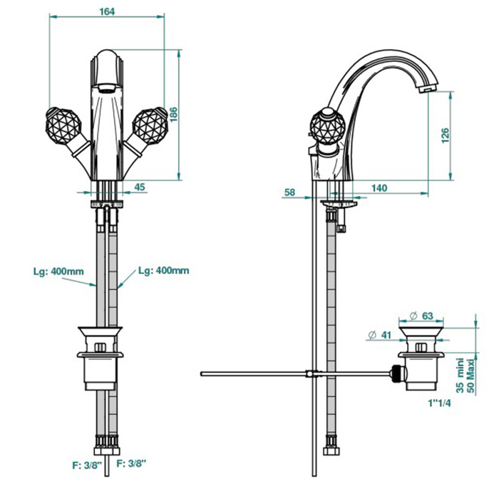 THGMandarine Cristallia Diamant Смеситель для раковины на 1 отверстие, с донным клапаном, цвет: полированное золото