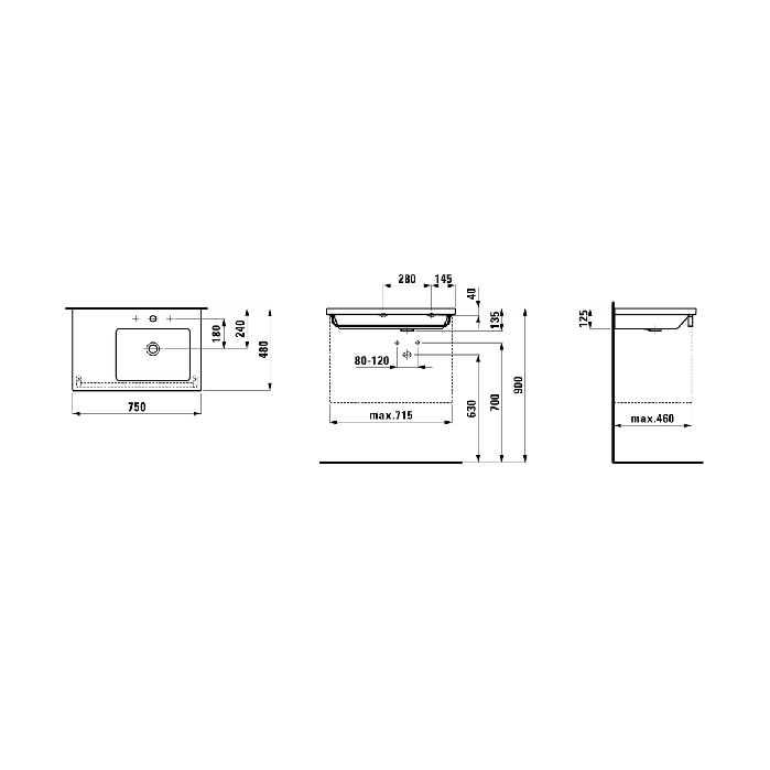 Laufen Kiving Square раковина-столешница, полка слева, 750x480x40 мм, без отверстия для смесителя, цвет:белый