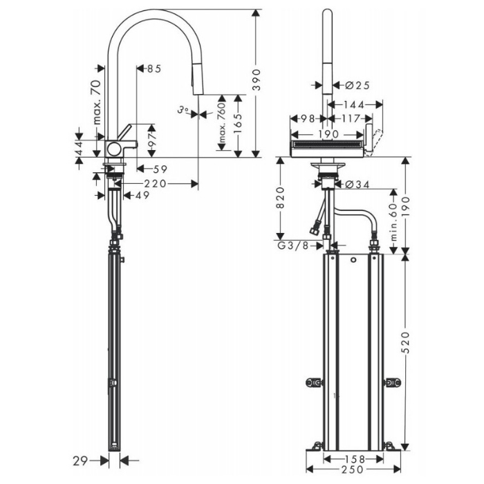 Hansgrohe Aquno Select M81 Смеситель для кухни, 1 отв., с вытяжным душем, 3jet, каскад, sBox, цвет: хром