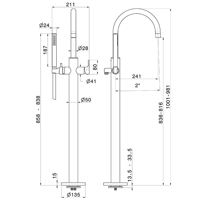Newform Linfa II Смеситель для ванны, напольный, с ручным душем, внешняя часть, цвет: gold satin