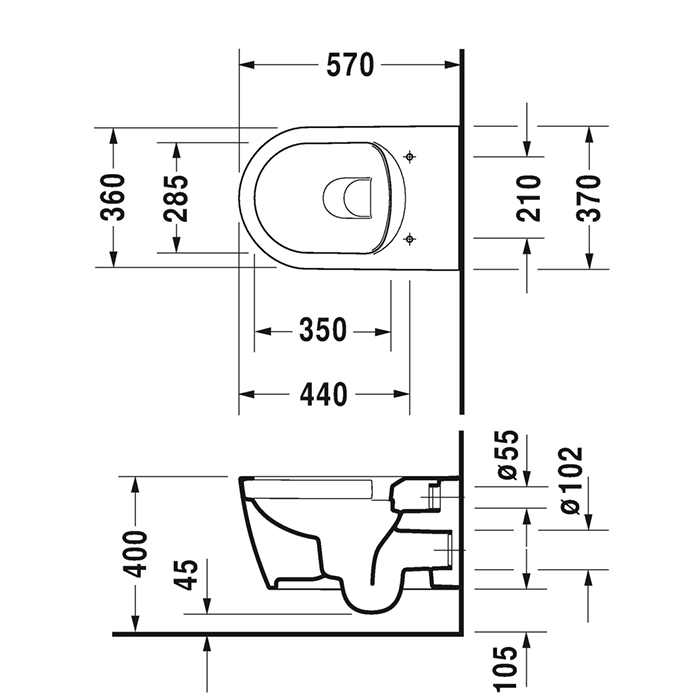 Duravit ME by Starck Унитаз подвесной Rimless без смывного края, свкл. крепление Durafix, 4,5л. с HygieneGlaze, 37x57см, Цвет: белый