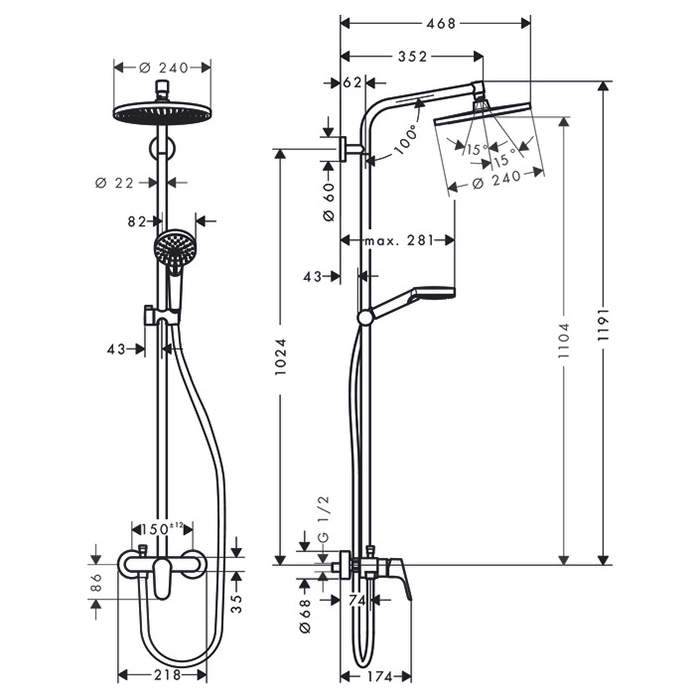 Hansgrohe Crometta S 240 SHP Душевая система 102см, с верхним Ø240мм., ручным дешем и однорычажным семесителем, цвет: хром ЦЕНА по АКЦИИ