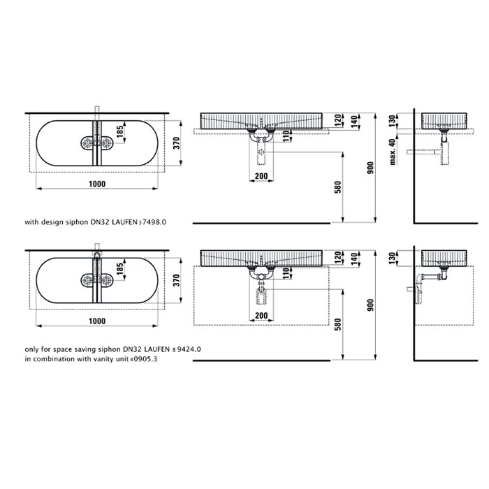 Laufen Sonar Раковина 100x37х13 см, без отв., двойная, без перелива,с наружным декором, цвет: белый