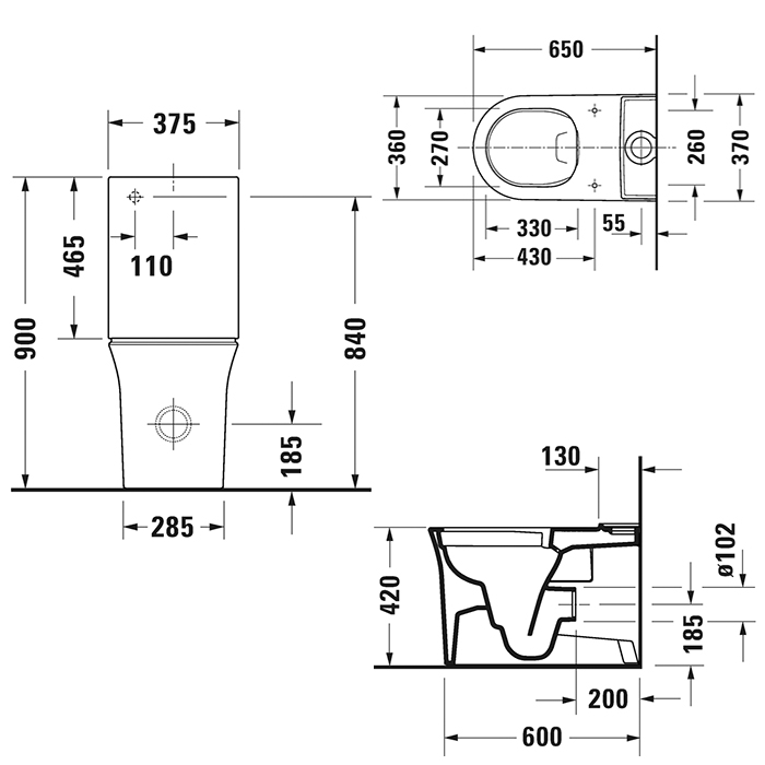 Duravit White Tulip Моноблок 37x65 см, безободковый, слив универсальный, цвет: белый