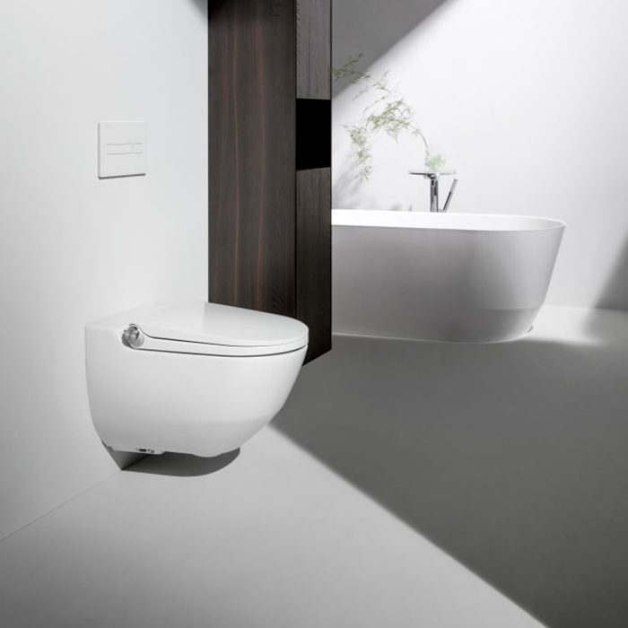 Laufen Cleanet Riva Унитаз-биде подвесной 60х39см, безободковый, с сиденьем, пульт д/у, покрытие LCC, панель золото, цвет: белый