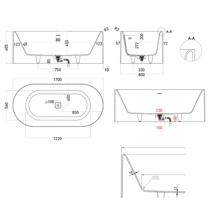 Salini Perla Ванна отдельностоящая 170x80см, материал S-Sense, цвет: белый матовый