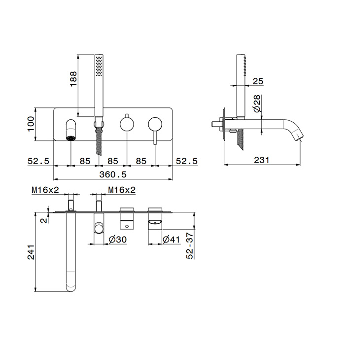 Newform X-STEEL 316 Смеситель для ванны, встраиваемый, с ручным душем, излив 23.1см, цвет: нержавеющая сталь