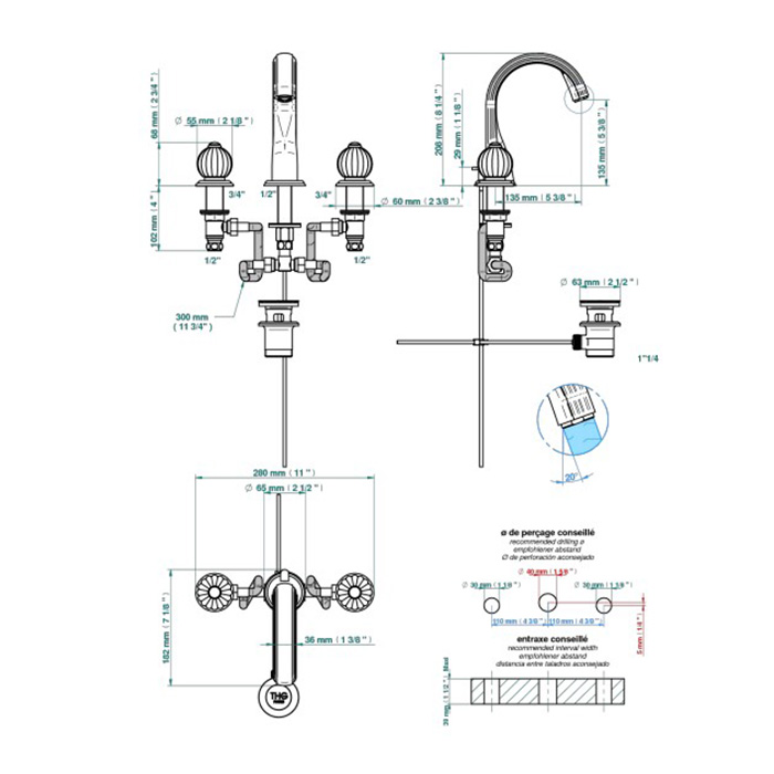  THG Mandarine clear crystal Смеситель для раковины на 3 отверстия, с донным клапаном, цвет: полированное золото