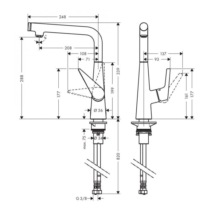 Hansgrohe Talis Select M51 Смеситель для кухни, на 1 отв, поворотный излив: 22см с вытяжным душем, 1jet, h:28.8см, sBox, кнопка вкл/выкл, цвет: хром