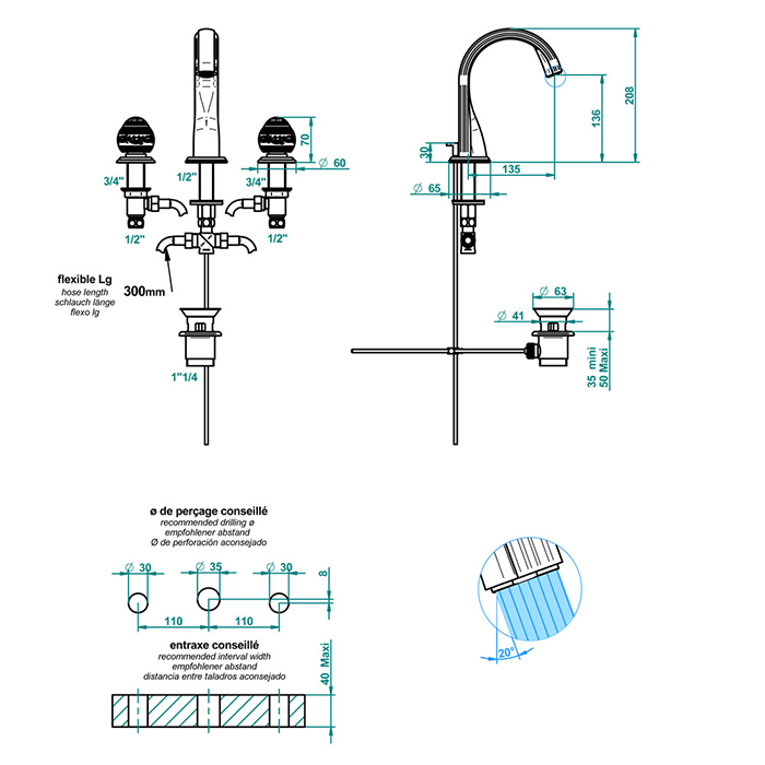 THG Marquise porcelaine blanche Смеситель для раковины, 3 отв., цвет: хром/платина/белый фарфор