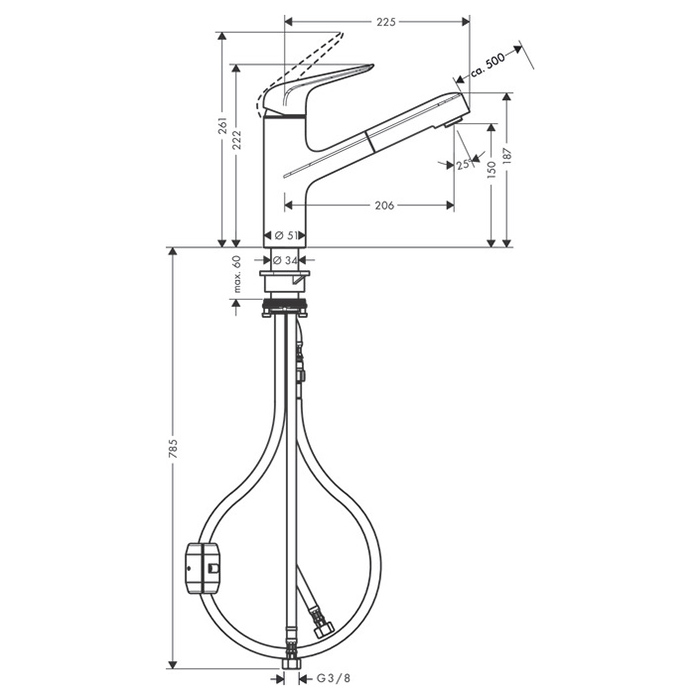 Hansgrohe Focus Смеситель для кухни, однорычажный, , на 1 отв., с выдвижной лейкой, 50см. мax., цвет: сталь