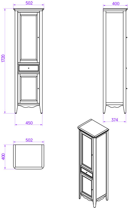 TW Veronica Nuovo Колонна напольная с 2-мя дверцами, 1-м выдвижным ящиком, 3-мя стеклянными полками, доводчиками Blum, ручки бронза, DX - петли справа, Цвет: bianco decape
