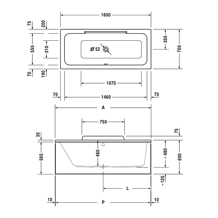 Duravit DuraSquare Ванна 160х70x48см,, прямоугольная, встраиваемая или версия с панелями и ножками, с наклоном для спины слева, цвет белый наклоном для спины справа, цвет: белый