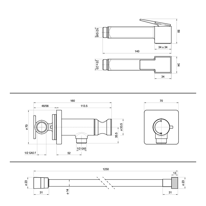 Bossini Cube Brass Гигиенический душ с прогрессивным смесителем, лейка металлическая, шланг Cromolux, цвет: черный матовый