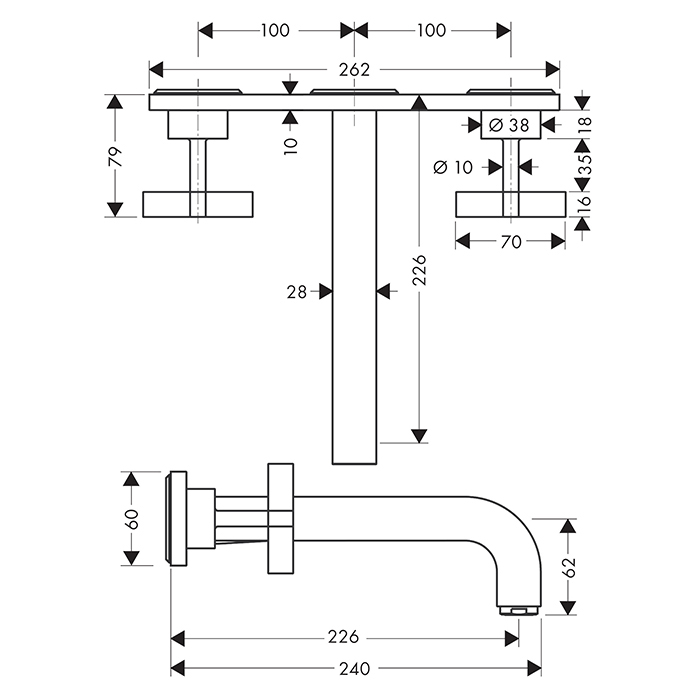 Axor Citterio Смеситель для раковины 226, встраиваемый, излив: 22.6см., с панелью, цвет: сталь