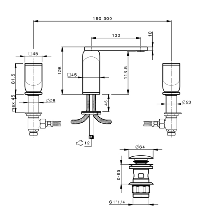 Cisal Hi-Rise Смеситель для раковины, на 3 отв., в комплекте с донным клапаном Click-Clack, цвет: мрамор NeroMarquinia/Oro24K