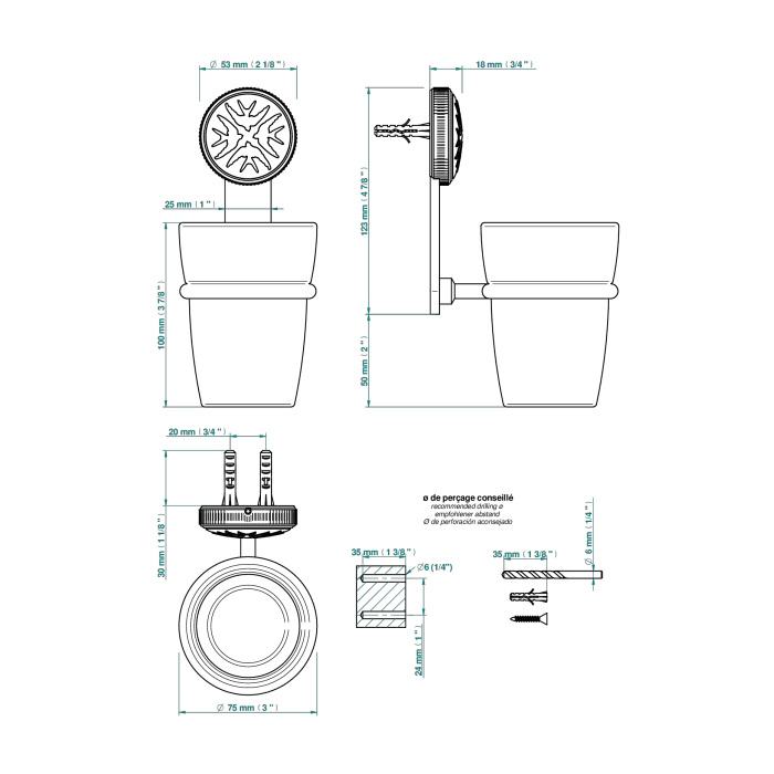 THG Hirondelles Platinum Stamped Стакан подвесной, стеклянный, цвет: Polished nickel